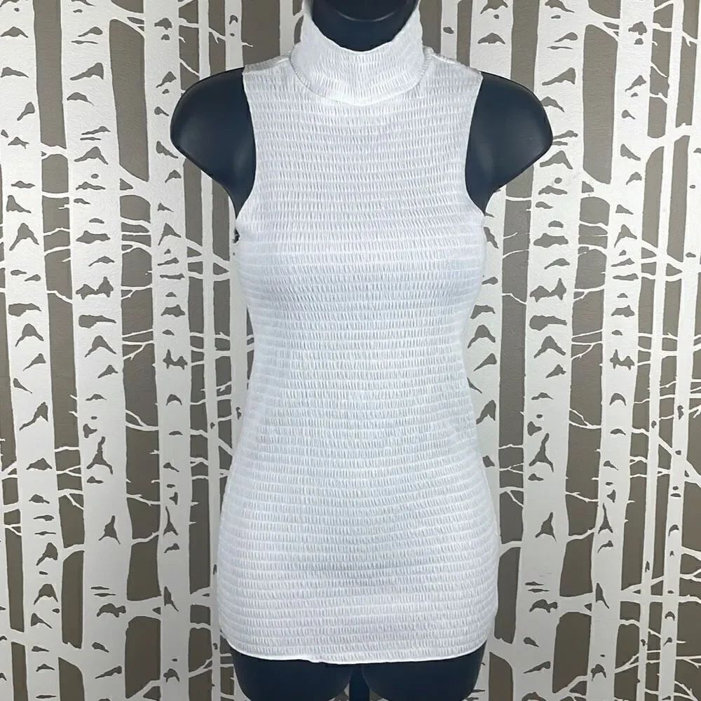 Smocked Sleeveless Mock Neck Longline Top XS White